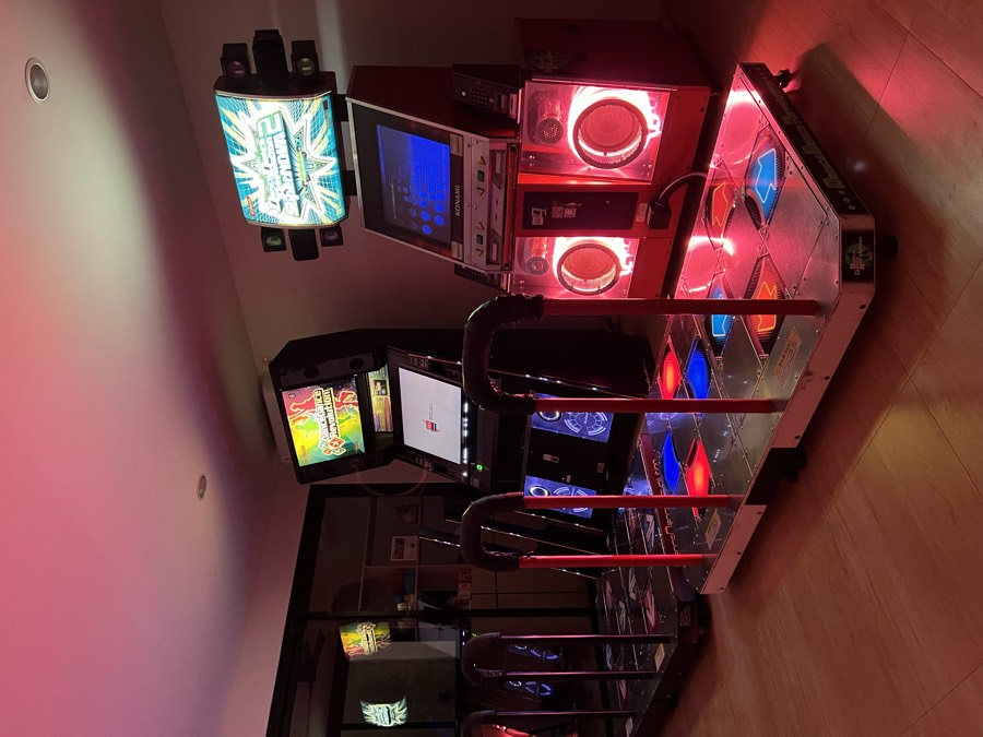 The cabinets under red lighting